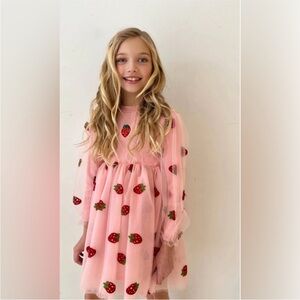 Lola and the Boys Embroidered Strawberry Sheer Tulle Girls Pink Dress - 6